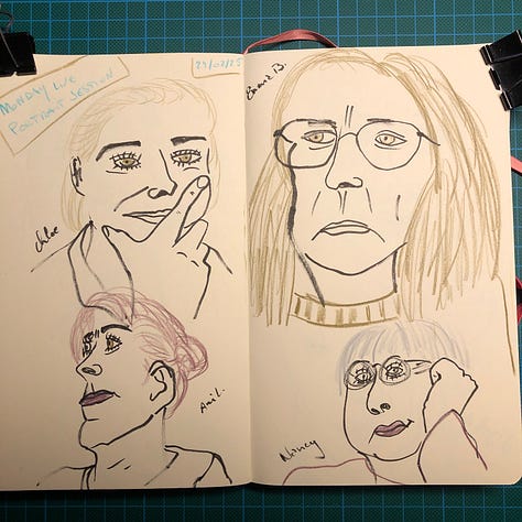 Photos des 3 doubles-pages de mon sketchbook où j’ai dessiné les 13 portraits de la session.