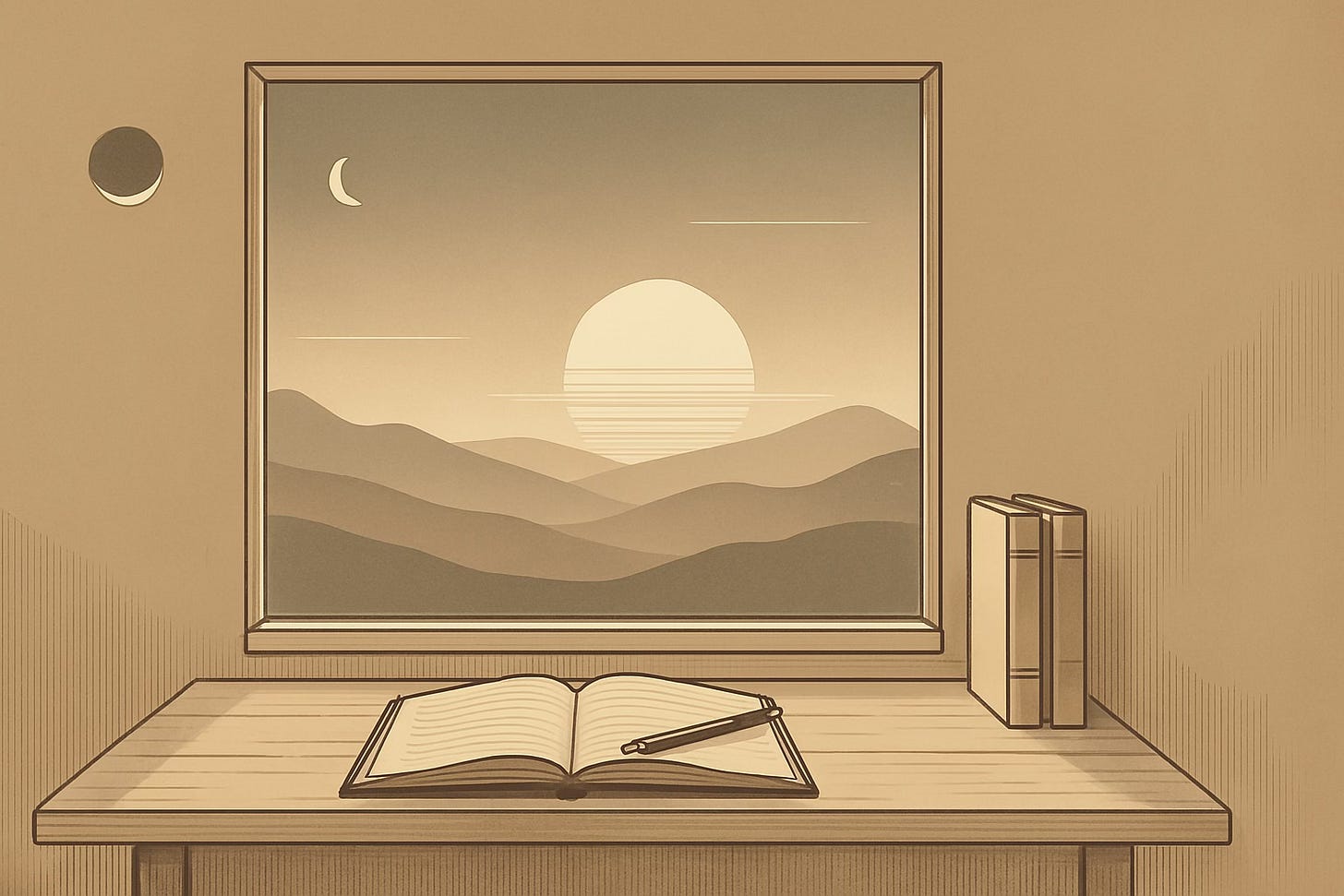 Sepia-toned illustration of a minimalist writing desk facing a large window. The window reveals a tranquil landscape of rolling hills and distant mountains under a crescent moon and starry sky. The desk holds an open book, a pen, and a few neatly stacked books, evoking a quiet, contemplative atmosphere.