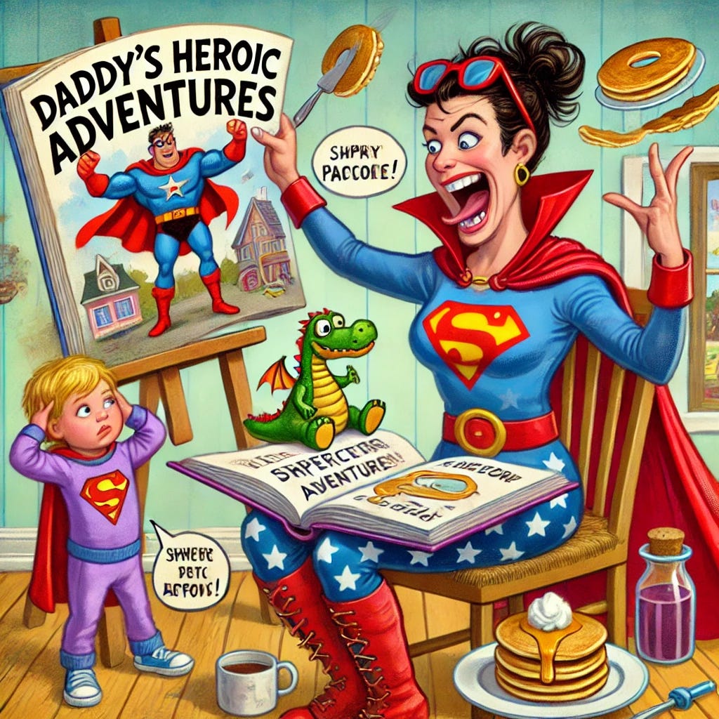 A humorous and exaggerated cartoon-style illustration featuring a narcissistic mother dramatically reading from a giant book titled 'Daddy's Heroic Adventures' to her child. The child, holding a stuffed dragon, looks puzzled and skeptical. The background is playful, with whimsical details like pancakes flying through the air, a superhero cape draped over a chair, and a half-painted easel. The mother is overly theatrical, gesturing wildly as if telling the most epic tale. The tone is silly and light-hearted, poking fun at the contradictions in her storytelling.