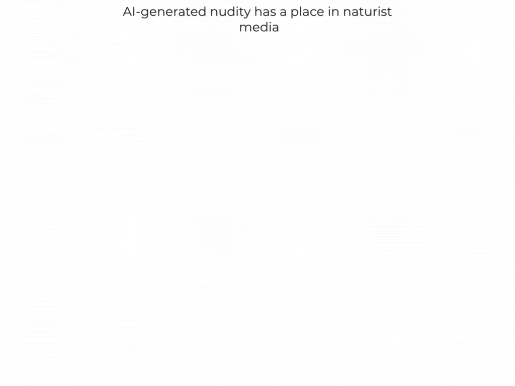 A pie chart titled "AI-generated nudity has a place in naturist media." The largest segments are Neutral/unsure (32.2%) and Strongly disagree (31.2%), followed by Somewhat disagree (20.8%), Somewhat agree (12.2%), and Strongly agree (3.5%). The chart reflects significant uncertainty and opposition among respondents toward the inclusion of AI-generated nudity in naturist media.