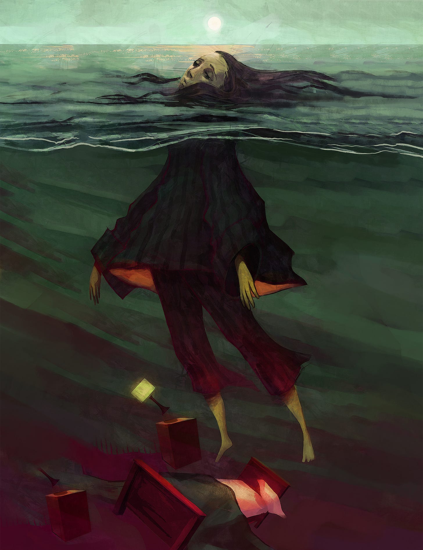 Uma mulher, branca e de cabelos longos e escuros, flutua no oceano. Sua cabeça está para fora da água, seu corpo está submerso. O mar está calmo. O céu não tem nuvens. O sol brilha. Próximo ao pé dela, alguns objetos flutuam: um abajur aceso, dois criados-mudos, uma cama com um travesseiro e um lençol azul claro.