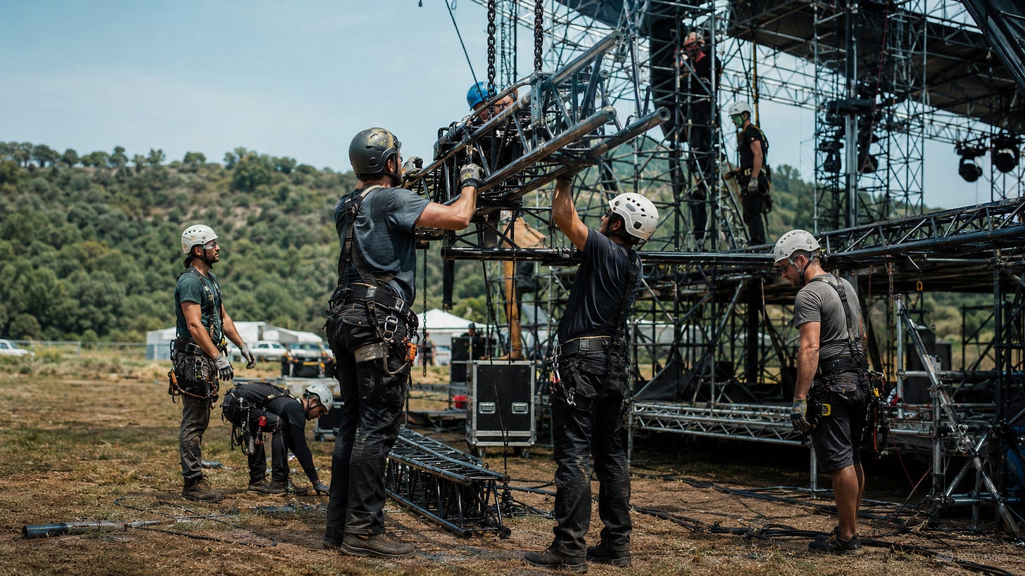 A festival production crew working together during stage construction. A festival production crew working together during stage construction.