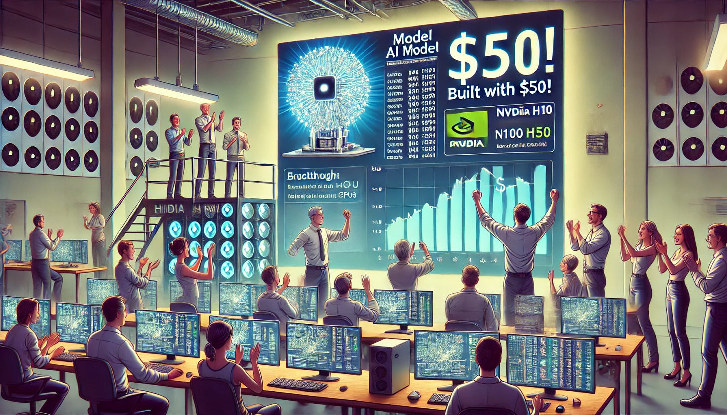 An AI research lab setting where a group of researchers excitedly monitor a large screen displaying AI model performance results. The screen highlights a model named 's1' with impressive stats showing it outperforming another model named 'o1'. Nearby, a computer setup with 16 Nvidia H100 GPUs is visible. A small sign on a desk reads 'Built with $50!'. The atmosphere is energetic, showcasing the breakthrough in budget AI innovation.