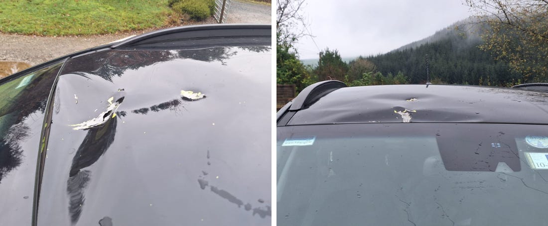 Landscape image in full colour. Cut in half by a white line. There are two photos of the roof of a car. There is puncture damage to the roof of the car. The first photo is taken from the passenger side, looking down. The second photo is taken from the front of the car looking at the driver's side of the windscreen. The puncture damage is just above the windscreen, to the right of the driver as you are looking at the car.