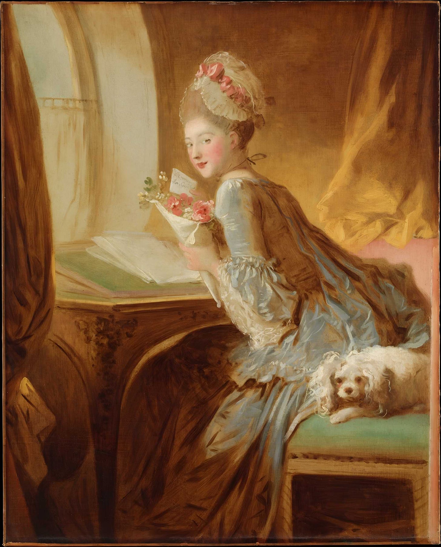 Jean-Honoré Fragonard's 18th-century painting, The Love Letter, depicting a woman with rouged cheeks and powdered hair looking back over her shoulder, clutching a bouquet wrapped in paper with a note, sitting by a wooden desk with a small lapdog resting at her side. Part of the In the Flesh series at The Subtext Review.