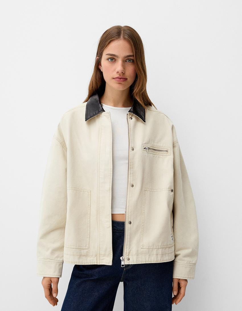 Jacket with contrasting collar-Cream-0