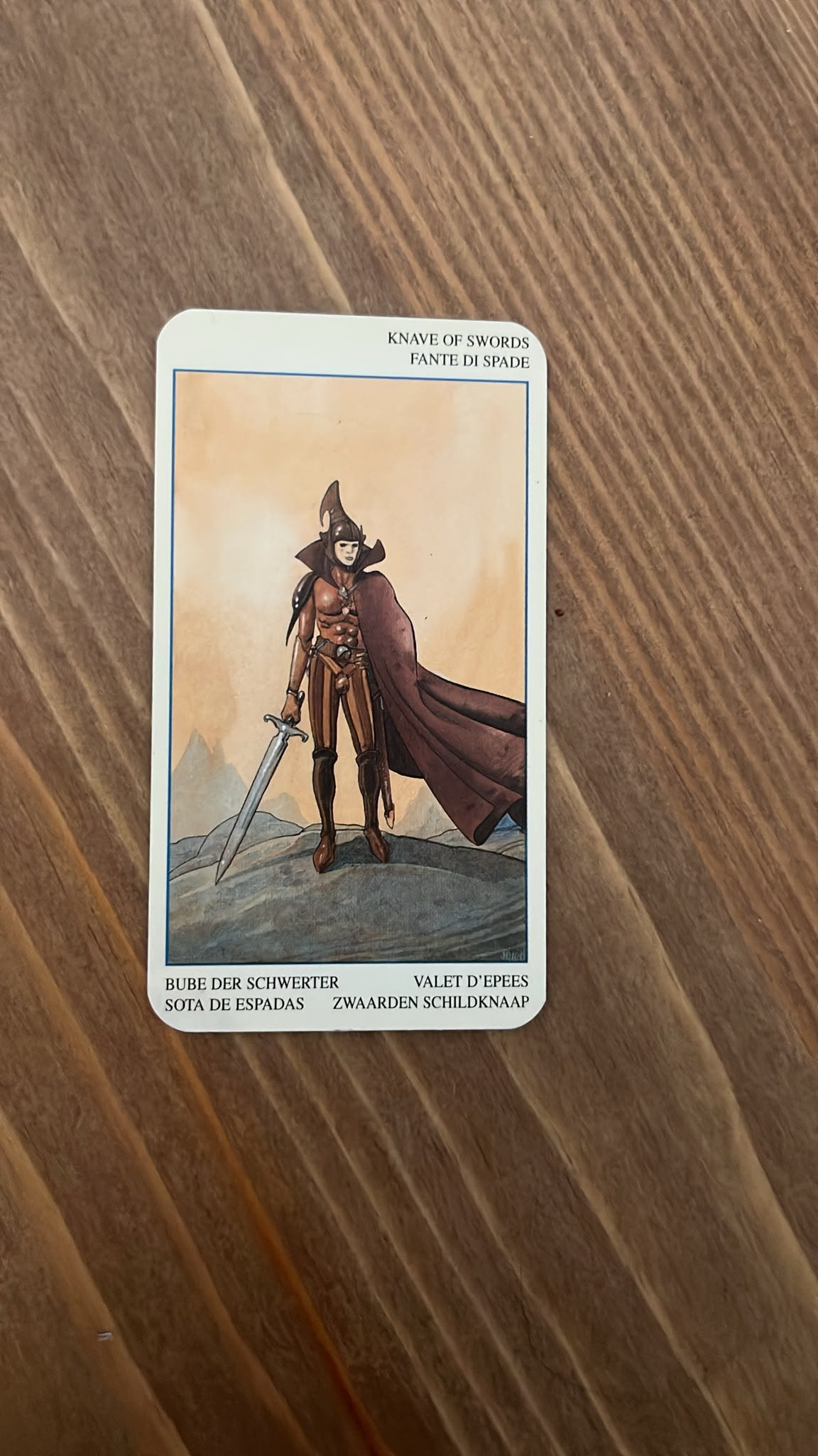 The Knave of Swords tarot card lies on a wooden table, depicting a cloaked and armoured figure holding a sword on rocky ground. The Knave of Swords tarot card lies on a wooden table, depicting a cloaked and armoured figure holding a sword on rocky ground.
