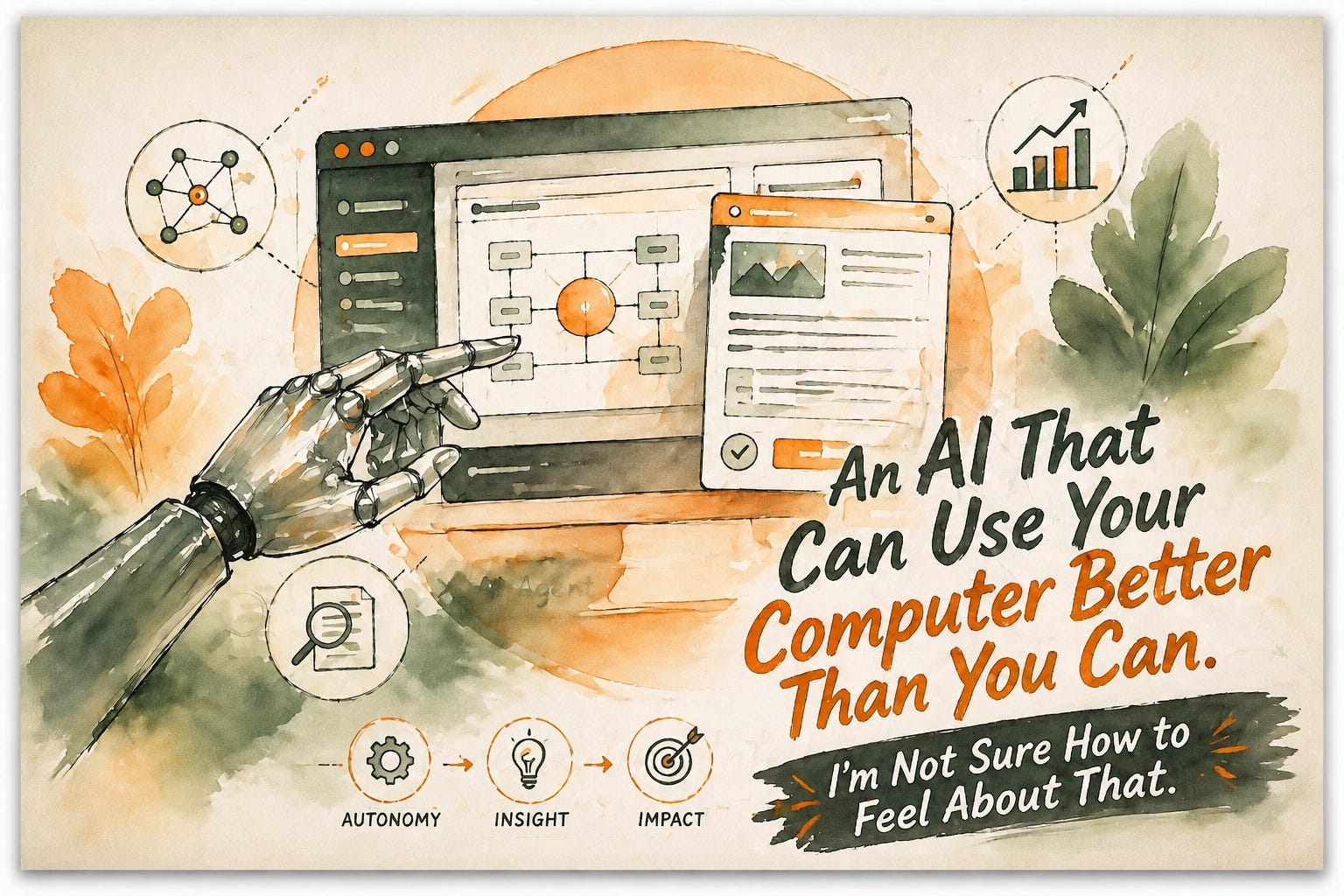 GPT-5.5 AI computer use benchmark: watercolor illustration showing an AI agent autonomously navigating a desktop interface, with the headline 'An AI That Can Use Your Computer Better Than You Can' integrated into the artwork
