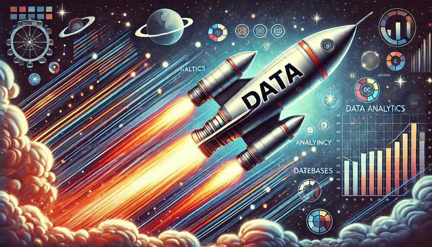 An artistic illustration of a rocket labeled 'Data' blasting off into space, symbolizing speed and efficiency. The rocket is sleek and futuristic, with flames and smoke trailing behind it, showing rapid movement. The backdrop is a starry night sky with planets and stars, indicating a journey through data analytics. The rocket's body has small icons representing databases, analytics, and efficiency, suggesting advancements in these areas. The image has a vibrant and energetic color scheme, emphasizing innovation and progress. The title 'Data Rocket' is displayed boldly at the top, with a subtle tech-inspired font.