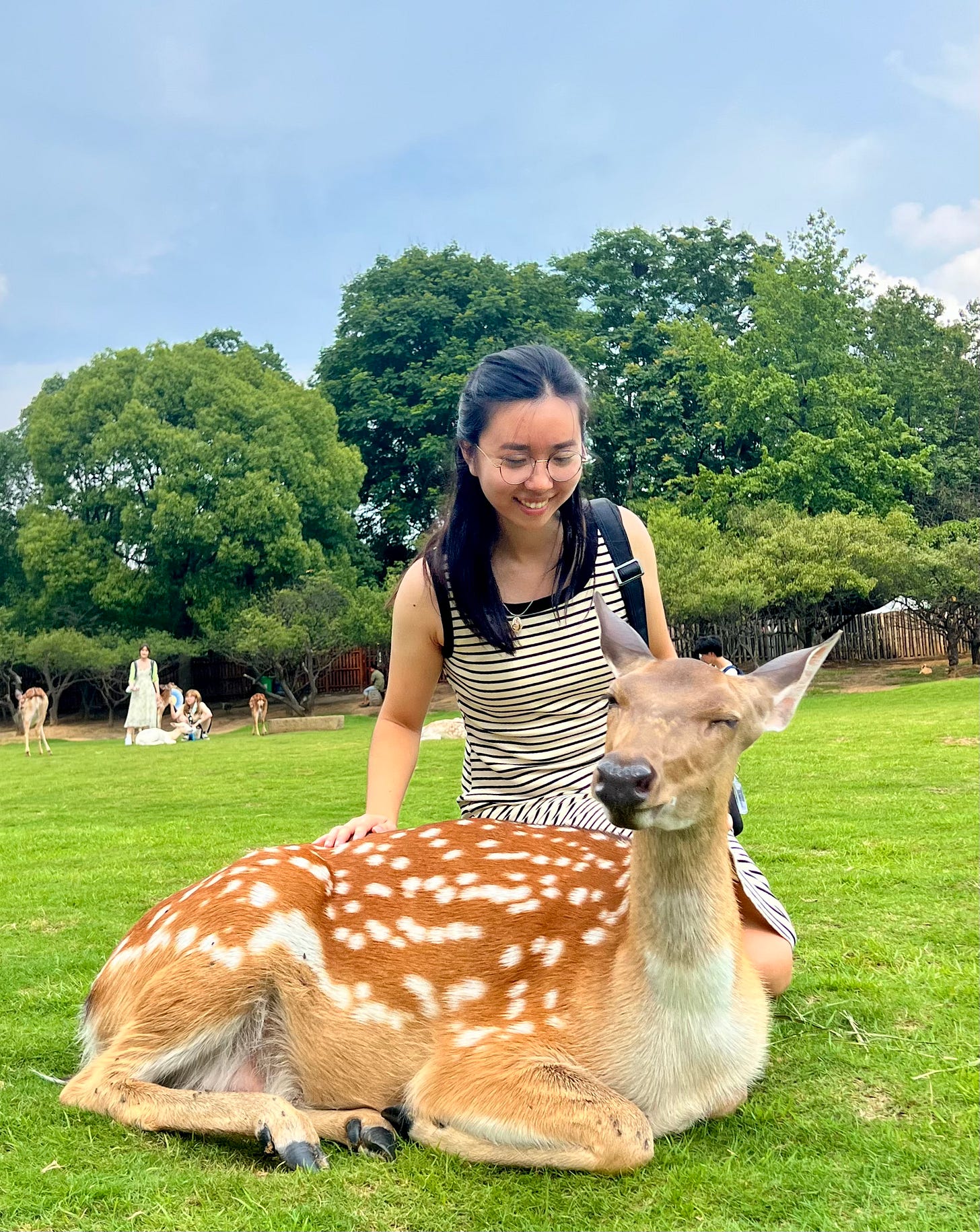 Macy Lu in the park with a deer. 