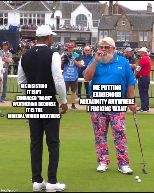 Two golfers at the Open at St Andrews. A man in a black vest seen from behind is labeled "ME INSISTING IT ISN'T ENHANCED 'ROCK' WEATHERING BECAUSE IT IS THE MINERAL WHICH WEATHERS". Facing him, a bearded man in a blue shirt and loud floral trousers smokes a cigarette, labeled "ME PUTTING EXOGENOUS ALKALINITY ANYWHERE I FUCKING WANT".