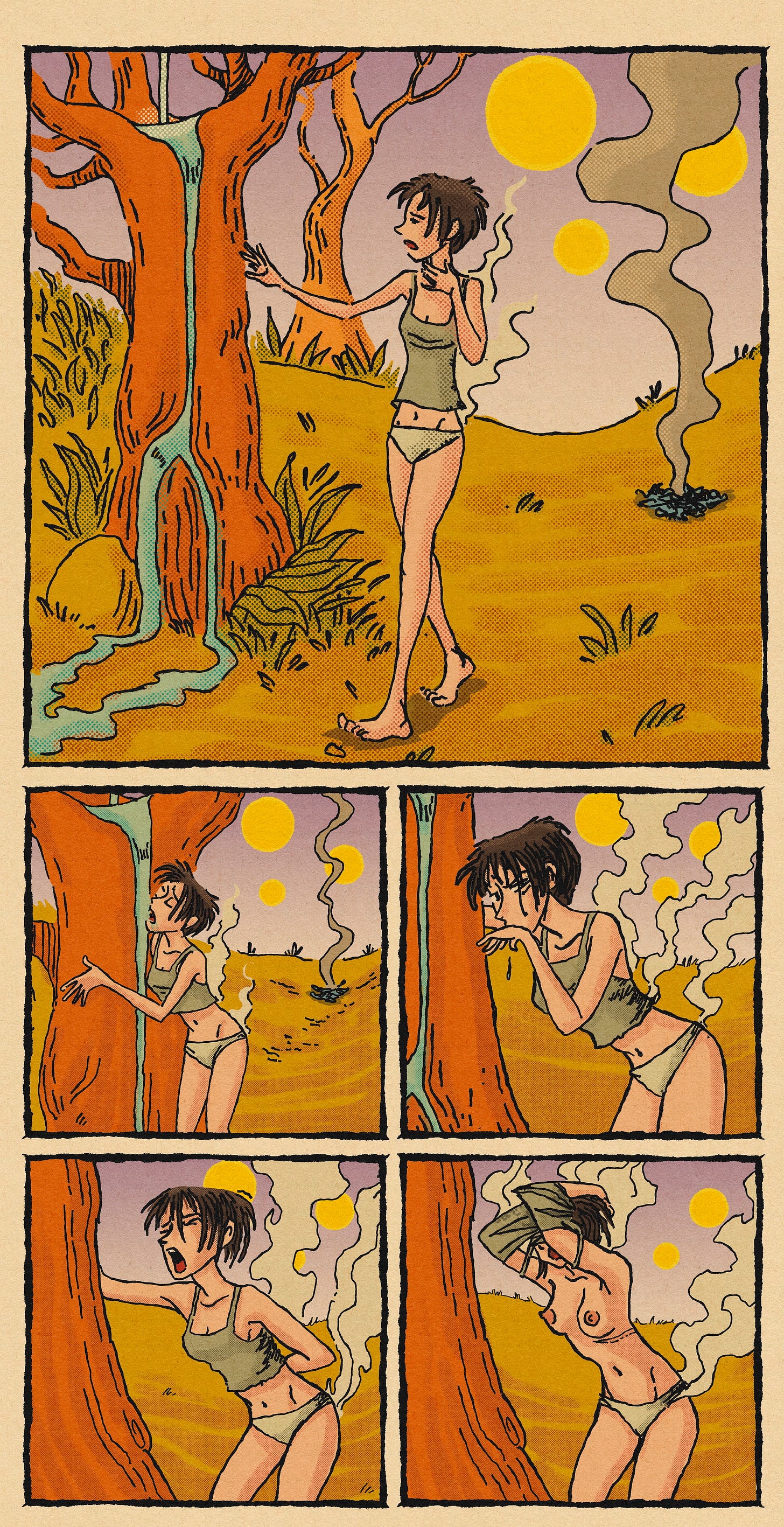 • Panel 1 (top wide): Nova, wearing a tank top and underwear, walks through a bright alien landscape with orange trees and three suns overhead, reaching toward a tree as heat shimmers in the air. • Panel 2: She leans against the tree, where a small stream trickles down its trunk like a natural spring; her clothing begins to smoke from the heat. • Panel 3: Nova cups the water and drinks from the tree, her clothes now smoking more heavily. • Panel 4: She winces sharply, arching her back as the heat intensifies and her clothing starts to burn against her skin. • Panel 5: Nova urgently begins pulling her top off, trying to remove the overheating fabric. • Panel 1 (top wide): Nova, wearing a tank top and underwear, walks through a bright alien landscape with orange trees and three suns overhead, reaching toward a tree as heat shimmers in the air. • Panel 2: She leans against the tree, where a small stream trickles down its trunk like a natural spring; her clothing begins to smoke from the heat. • Panel 3: Nova cups the water and drinks from the tree, her clothes now smoking more heavily. • Panel 4: She winces sharply, arching her back as the heat intensifies and her clothing starts to burn against her skin. • Panel 5: Nova urgently begins pulling her top off, trying to remove the overheating fabric.