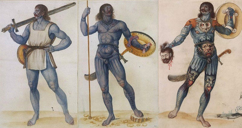 tattooed and stained blue with woad, an old illustration of Pict warriors