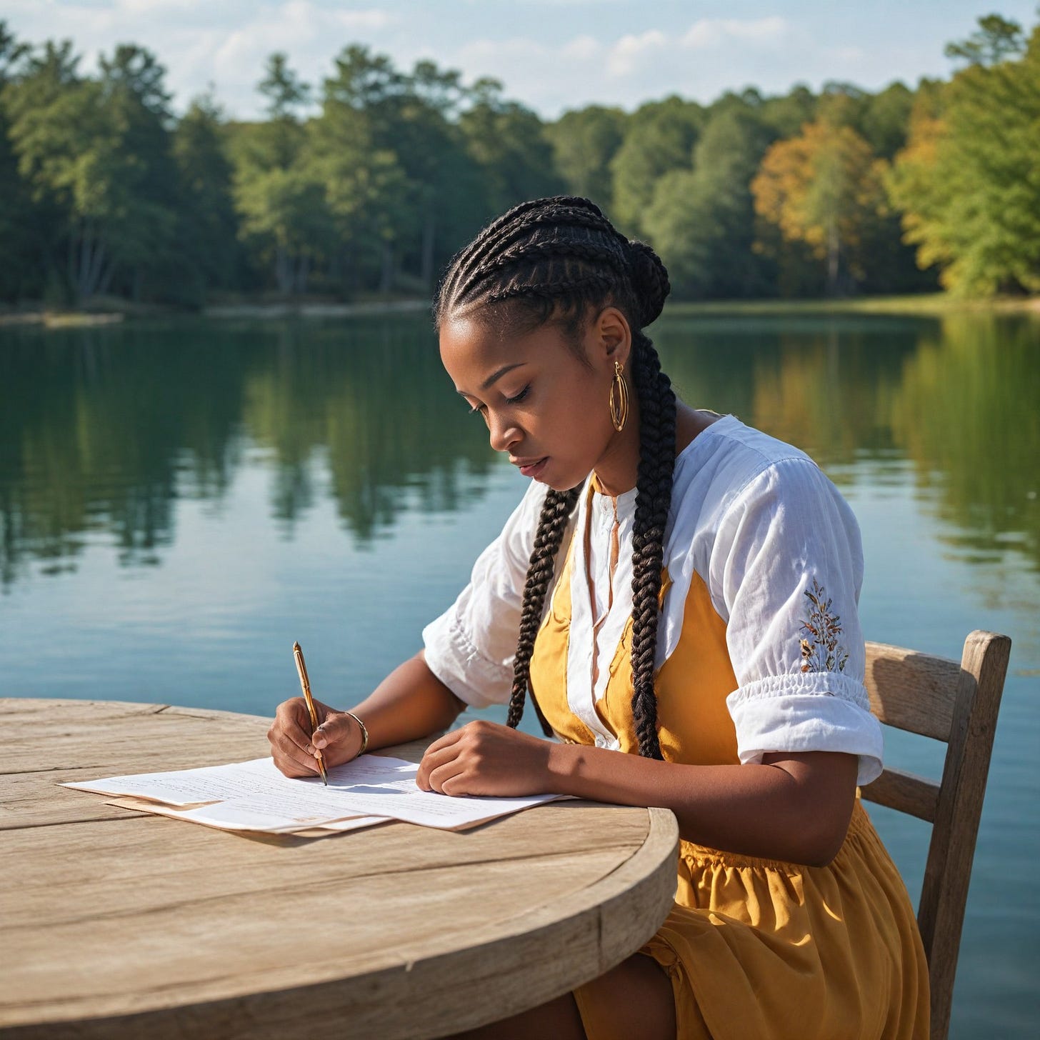 poised African American woman sits outside  writing a letter with elegance and grace at a table. Her casual outfit and confident posture highlight her sophistication against the backdrop of the luxurious beautiful lake. Soft natural lighting illuminates her features, creating a warm and inviting ambiance. The imageates timeless beauty and class, evoking a sense of refinement and sophistication. She dresses with bold colorful colors and she wears braids.  She is looking down as she writes and faces the water.