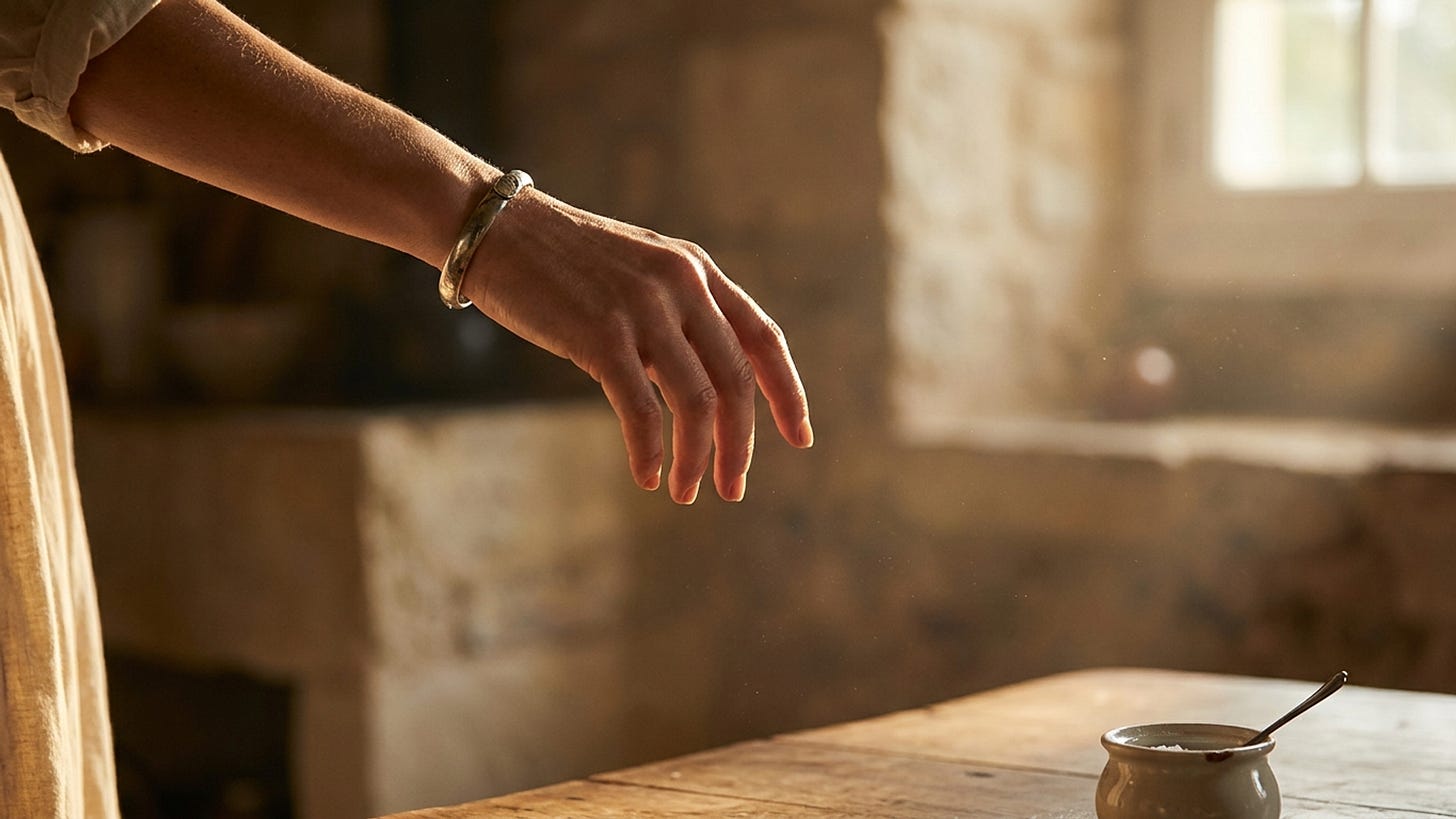 A woman's hand suspended in a beam of golden afternoon light, hovering just before reaching. A small salt cellar sits at the edge of the frame. The moment of decision, the instant before trust replaces the reflex. A woman's hand suspended in a beam of golden afternoon light, hovering just before reaching. A small salt cellar sits at the edge of the frame. The moment of decision, the instant before trust replaces the reflex.