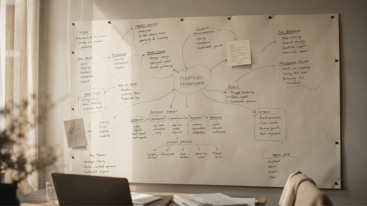 A hand-drawn strategy map fills a large board, branches spreading from a central framework, showing how an independent consultant reads client relationships rather than forcing them through a marketing funnel.