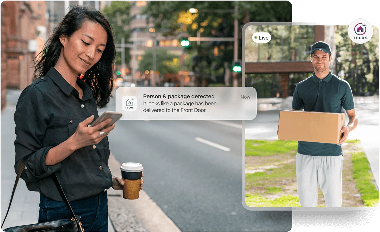 Woman using smartphone with smart home notification showing package delivery. Woman using smartphone with smart home notification showing package delivery.