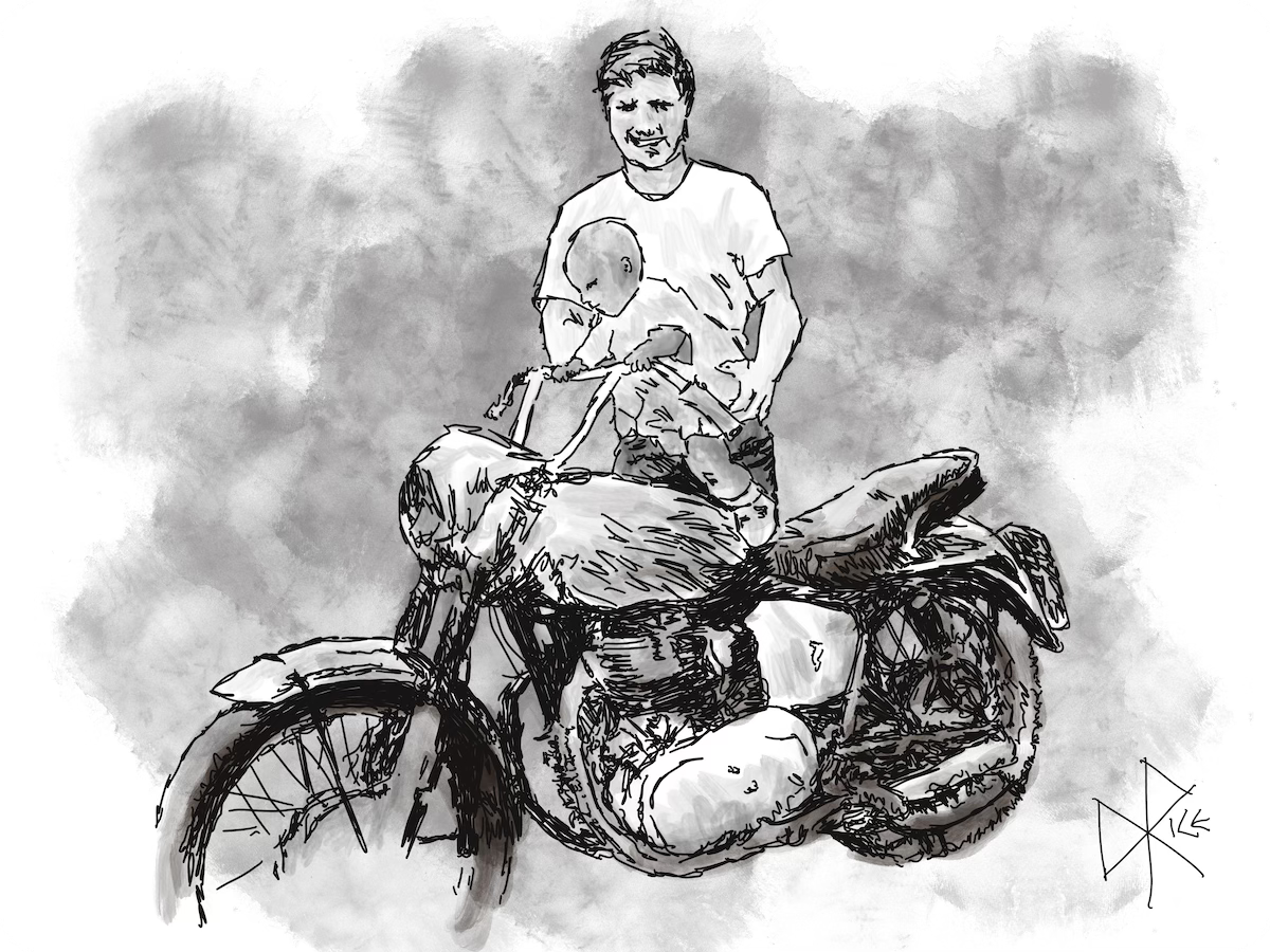 A man holds a baby over the seat of a parked motorcycle, as the baby holds on to its handlebars. Sketch art by Don Rice.