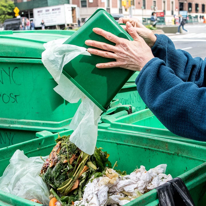 Diptych: Hands sort compost; Hands hold green bucket dumping food waste.