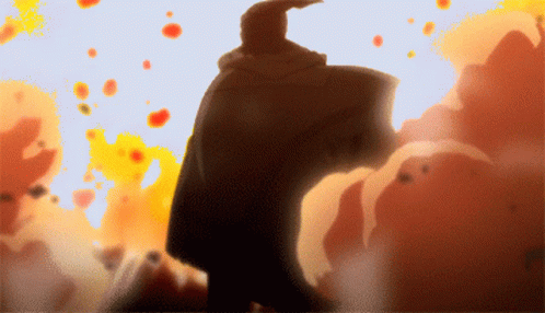a cartoon drawing of a man in a cape standing in front of a fire