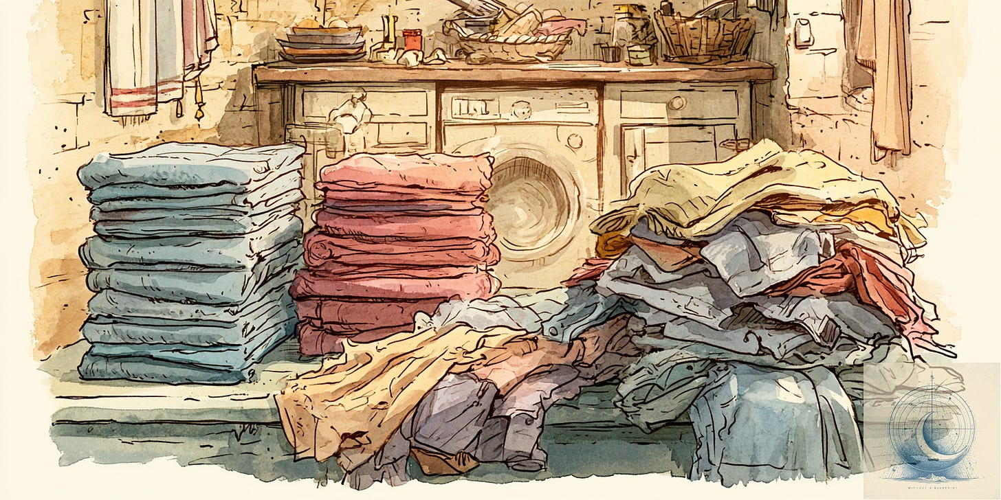 A utility room with two neat stacks of folded laundry on the left - one blue, one pink - and a third pile of unfolded, tumbled clothing on the right, with a washing machine visible in the background. Watercolour and ink illustration style, warm muted palette.