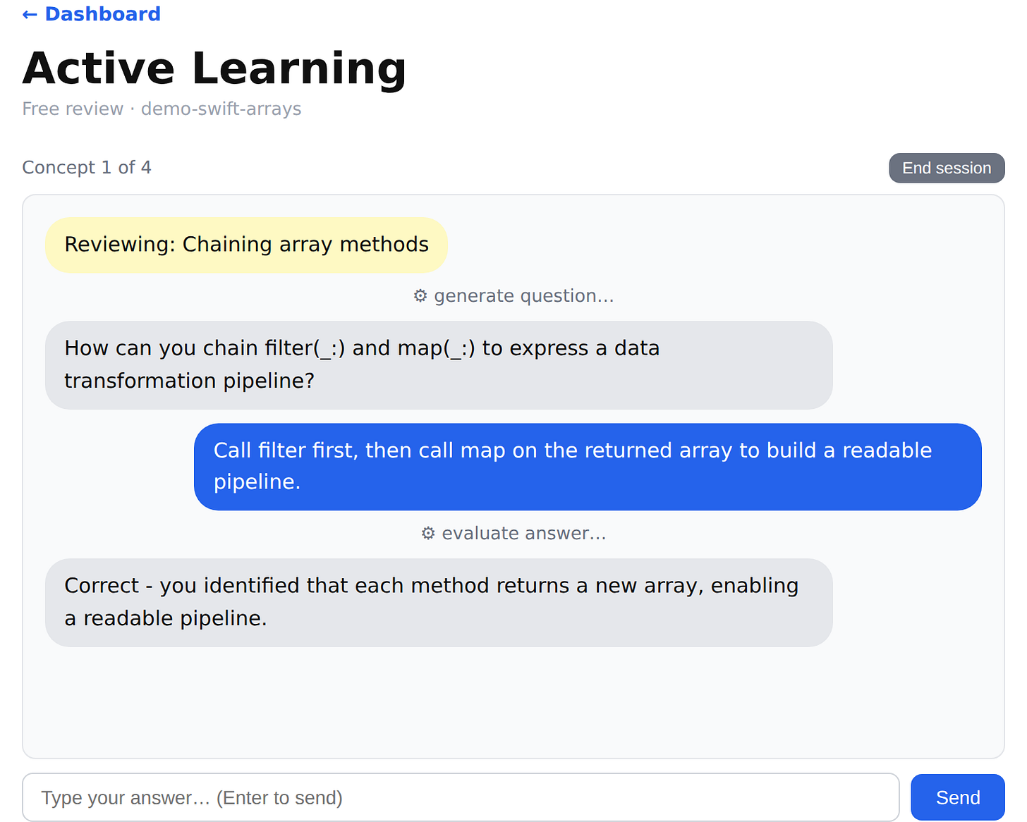 LearnMate active review session showing a question, a student answer, and evaluated feedback