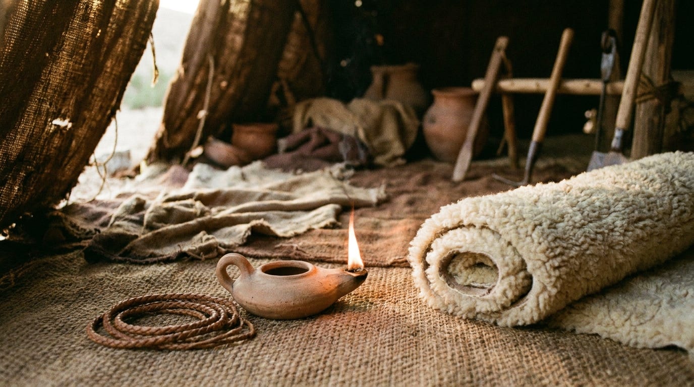 A clay oil lamp and a coiled leather cord on a woven tent floor beside a rolled sheepskin, low evening light through a tent flap, no people, no faces, no text