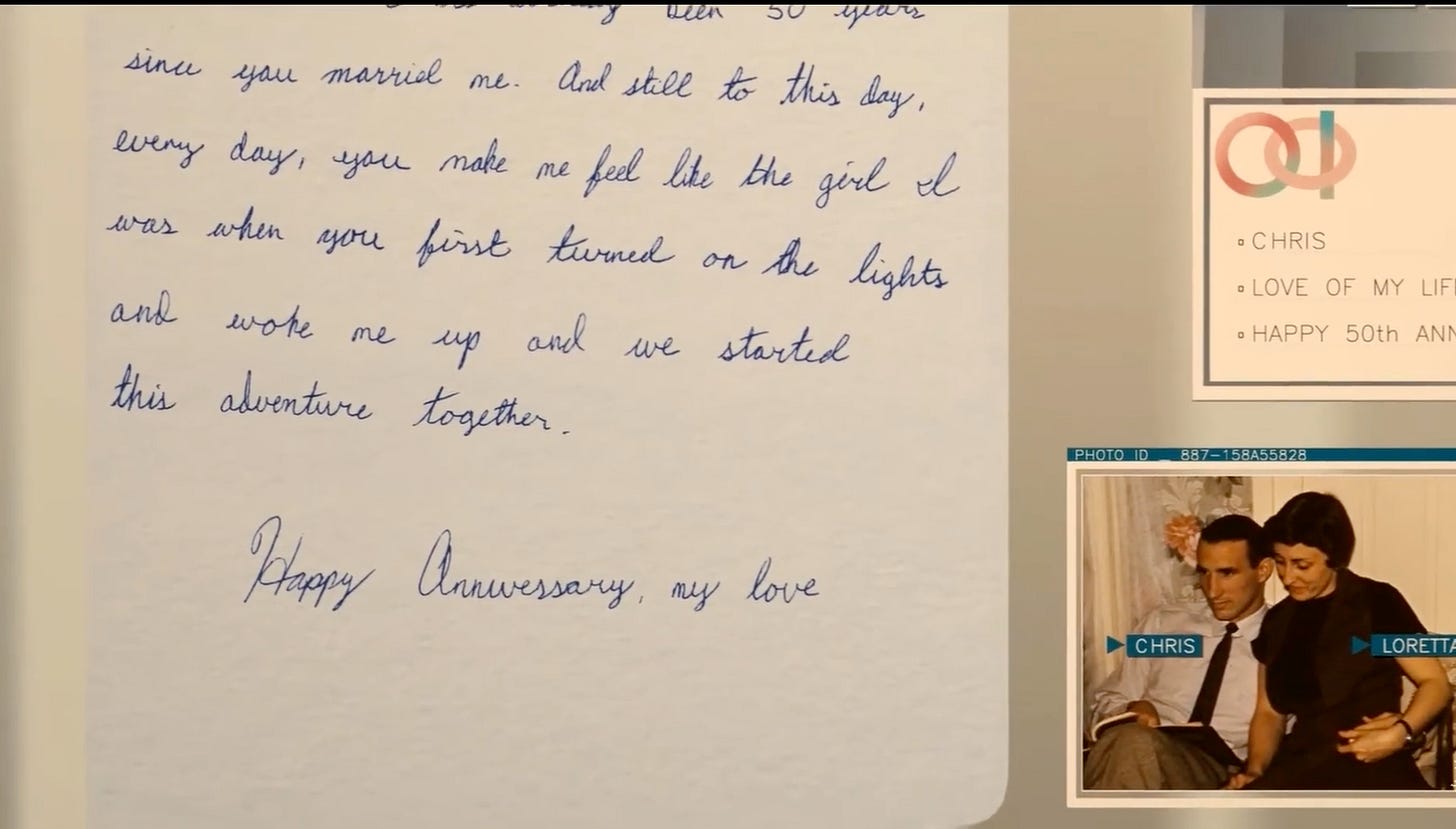 A screenshot of Theodore's monitor, including the letter he is writing, a labeled photograph of the couple he's writing for, and a bullet list of points. A screenshot of Theodore's monitor, including the letter he is writing, a labeled photograph of the couple he's writing for, and a bullet list of points.