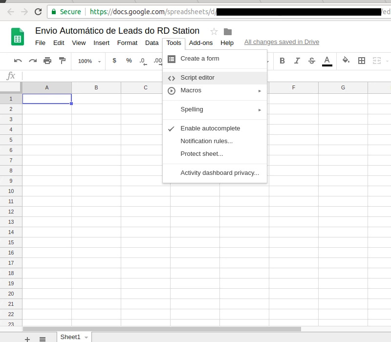 Menu entry to access the Script Editor on Google Sheets on August 2018.