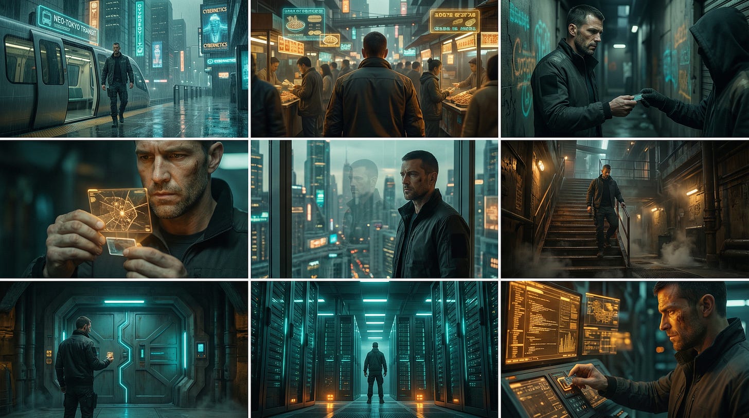 Ultra-realistic 9-panel cinematic storyboard grid, 3 rows x 3 columns, 16:9 aspect ratio. Each panel tells one chapter of a sequential futuristic narrative featuring the same man throughout: late 30s, close-cropped dark hair, angular jaw, visible stubble, dark graphite tactical jacket with matte black collar, utility trousers. Consistent character across all nine panels.

Panel 1: wide shot, man stepping off a transit pod onto a rain-slicked platform, vertical city towers behind, teal and amber holographic signage reflecting off wet concrete. Panel 2: over-the-shoulder, pushing through a crowded elevated street market, holographic vendor displays, warm amber food stall light. Panel 3: medium close-up in a narrow alley, receiving a translucent data chip from a hooded figure's hand, faded holographic graffiti on walls. Panel 4: close-up of hands holding the data chip projecting a faint amber holographic map, face lit from below. Panel 5: portrait at a massive observation window, layered city below in teal and amber, his reflection faint in the glass. Panel 6: low angle, descending an industrial staircase into the lower city, flickering amber utility lights, steam at ankle height. Panel 7: wide-medium, standing before a massive sealed door underground, teal light pulsing along its seams, data chip in hand. Panel 8: stepping into a vast hidden server hall, towering server columns emitting cold teal glow, amber warning lights at floor level. Panel 9: close-up of hand inserting the data chip into a console, screen igniting with cascading amber data streams.

Consistent colour palette across all panels: teal, gunmetal, warm amber accents. 35mm lens, f/2.0, ISO 400 simulation throughout. Thin white borders separating each panel. Cinematic colour grade, anamorphic framing. Natural skin texture with visible pores. Do not beautify or alter facial features.

Negative: plastic skin, skin smoothing, beautification filters, anatomy normalization, extra fingers, CGI, oversaturated colors, cartoon, dataset-average proportions, blurry, low resolution, distorted face
