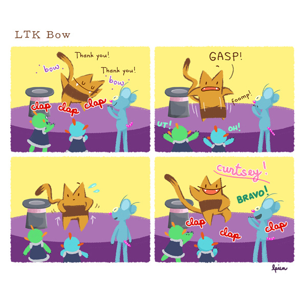 Long Tail Kitty, an orange cat with a brown stripe on his belly, is standing on a purple platform next to a big magician’s hat. He bows as his three blue and green animal friends clap. “Thank you, thank you!” he says. Long Tail Kitty stands back up and looks at his belly, surprised. He sees that his brown stripe has fallen off with a “foomp” sound. Long Tail Kitty gasps. His animal friends say, “oh!” Long Tail Kitty quickly pulls his stripe back on his belly. He curtseys for his animal friends, and they all clap again. One says, “bravo!”
