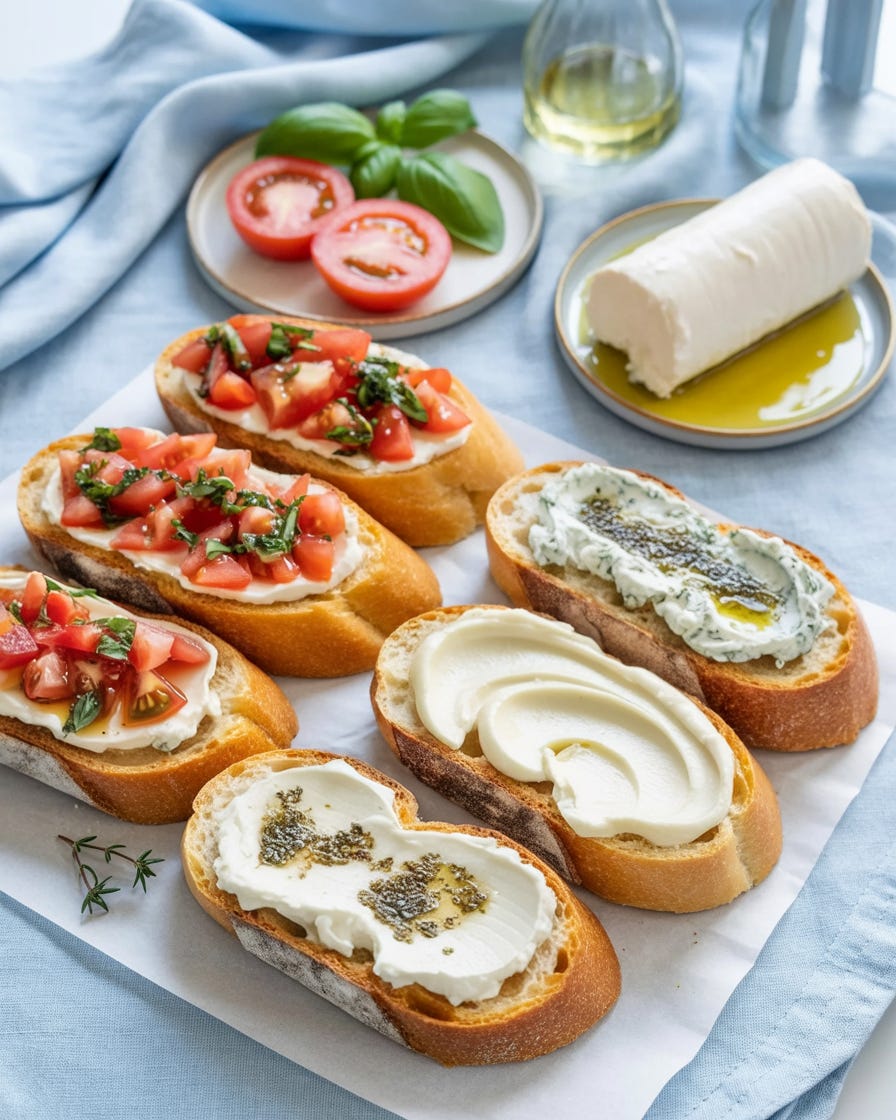 two types of bruschetta on a white plate