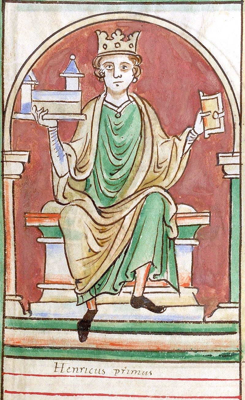 Miniature showing Henry I of England enthroned. Miniature showing Henry I of England enthroned.