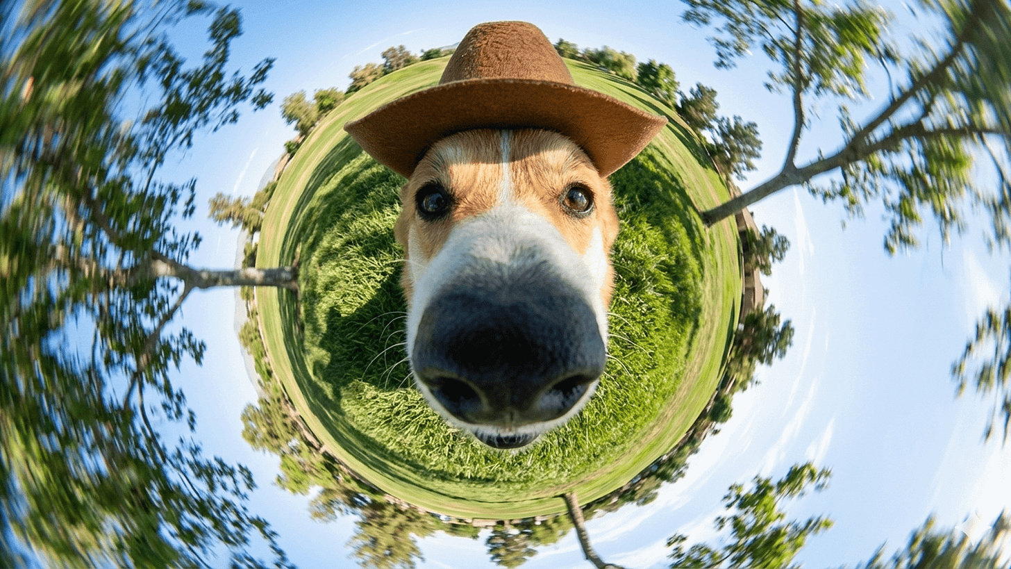 Whimsical fisheye perspective photograph of a dog wearing a straw hat, created using Google's Nano Banana Pro, demonstrating creative AI image manipulation