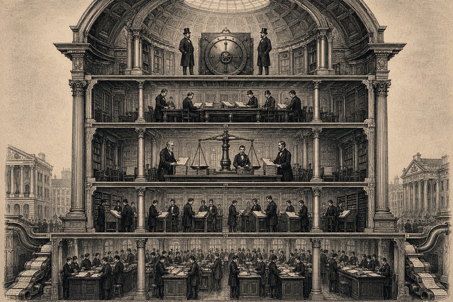 Wood-engraving editorial illustration in the Thomas Nast Harper's Weekly style for Attention Capital's essay The Pipes Aren't Built Yet. A monumental cross-section of a neoclassical financial cathedral reveals five stacked stories of activity. From bottom to top: a chamber of clerks processing documented ledger entries, a chamber of collection-society administrators normalizing reports, a rating-agency chamber with a central weighing instrument, a specialist-fund chamber with aggregated catalog books, and a private-equity chamber under a coffered dome housing a single large vault. Each floor depends architecturally on the floor below. The image visualizes the five-layer model of an institutional cash-flow asset class (documented cash flow, standardized collection, rating framework, specialist funds, PE entry) that the essay uses to map music's eight-decade institutionalization arc onto attention-backed credit. Keywords: music ABS, asset class institutionalization, rating framework, private credit, attention-backed credit. Wood-engraving editorial illustration in the Thomas Nast Harper's Weekly style for Attention Capital's essay The Pipes Aren't Built Yet. A monumental cross-section of a neoclassical financial cathedral reveals five stacked stories of activity. From bottom to top: a chamber of clerks processing documented ledger entries, a chamber of collection-society administrators normalizing reports, a rating-agency chamber with a central weighing instrument, a specialist-fund chamber with aggregated catalog books, and a private-equity chamber under a coffered dome housing a single large vault. Each floor depends architecturally on the floor below. The image visualizes the five-layer model of an institutional cash-flow asset class (documented cash flow, standardized collection, rating framework, specialist funds, PE entry) that the essay uses to map music's eight-decade institutionalization arc onto attention-backed credit. Keywords: music ABS, asset class institutionalization, rating framework, private credit, attention-backed credit.