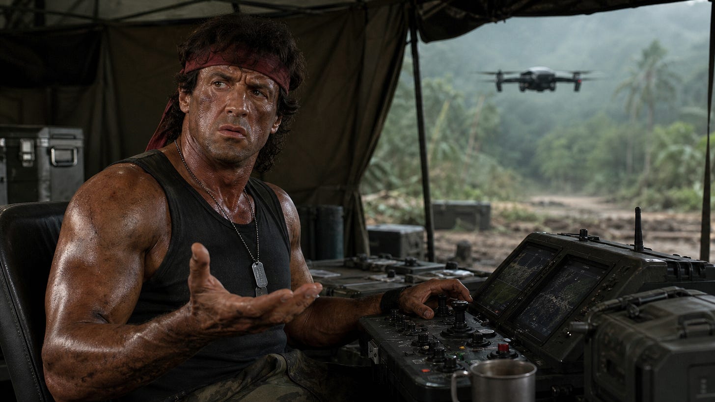 A confused jungle action hero struggles with a modern drone console.