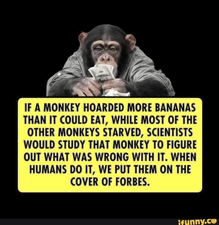 IF A MONKEY HOARDED MORE BANANAS THAN IT COULD EAT, WHILE MOST OF THE OTHER MONKEYS STARVED, SCIENTISTS WOULD STUDY THAT MONKEY TO FIGURE OUT WHAT WAS WRONG WITH IT. WHEN HUMANS DO IT, WE PUT THEM ON THE COVER OF FORBES.