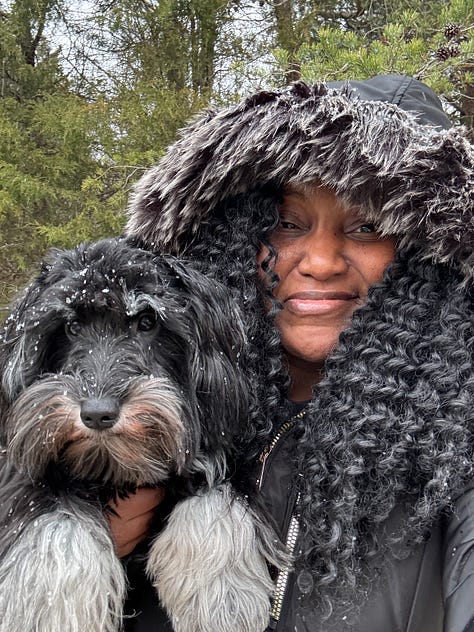 dog mom and furkid in the snow