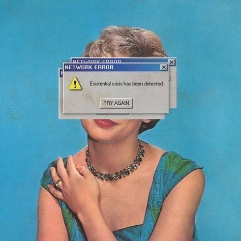 This may contain: a woman wearing a blue dress and holding her head in front of her face with a computer error sign on it