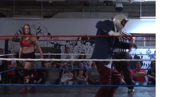 [Screenshot: Mary Dobson and El Drunko in ring]
