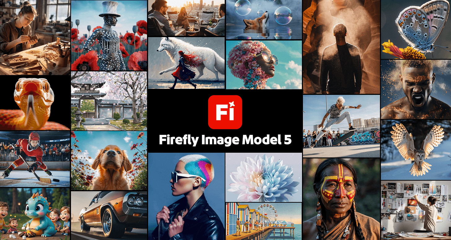Collage of AI-generated artworks created with Adobe Firefly Image Model 5, showcasing photorealistic portraits, animals, landscapes, and fantasy compositions produced by Adobe’s next-generation generative model.