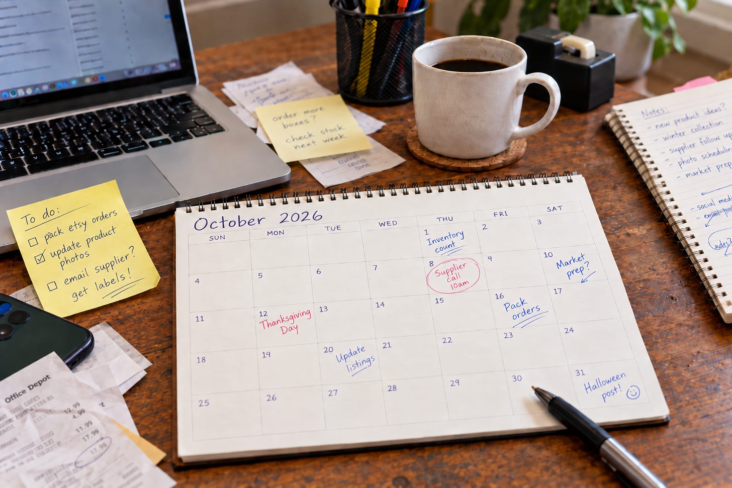 Small business workspace with a laptop, coffee mug, sticky notes, receipts and a desk calendar with a few handwritten business tasks.