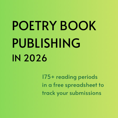 Text on a green background, with the words: Poetry Publishing in 2026. 175+ reading periods in a free spreadsheet to track your submissions