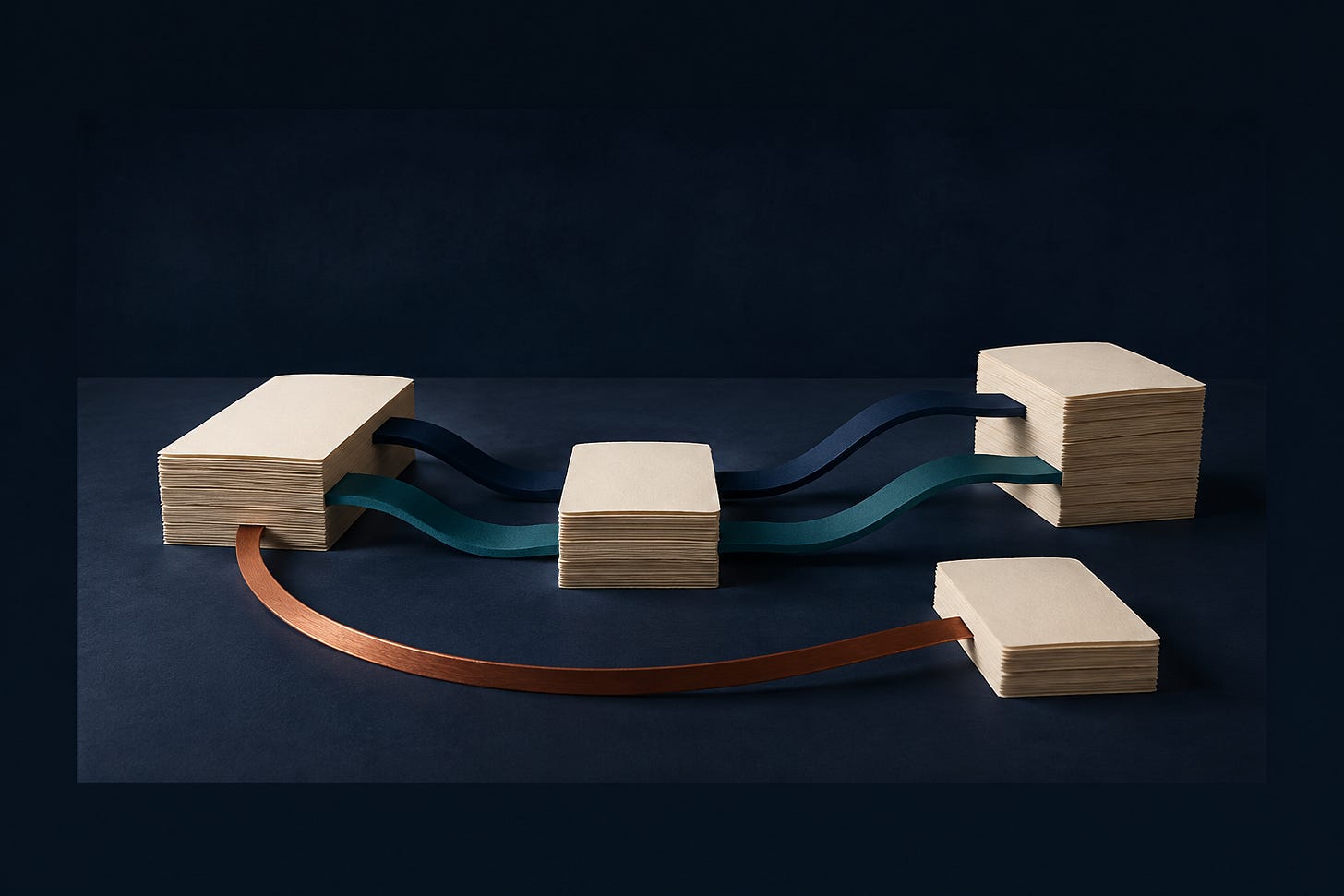 Navy and teal ribbons pass between blank document stacks, with a copper ribbon curving back.