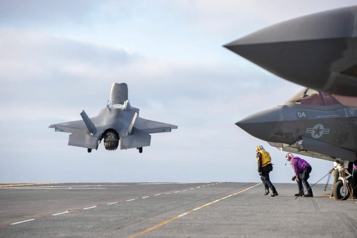 A US Marine Corps F-35B Lightning takes off from the flight deck of USS Tripoli.