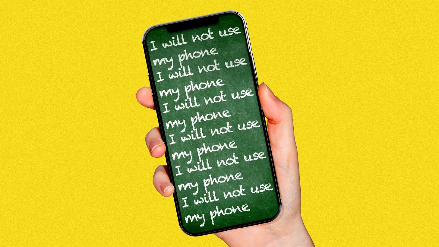 Illustration of a hand holding a phone with a chalkboard screen with the works 