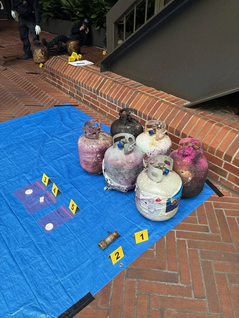 Six propane tanks on a tarp