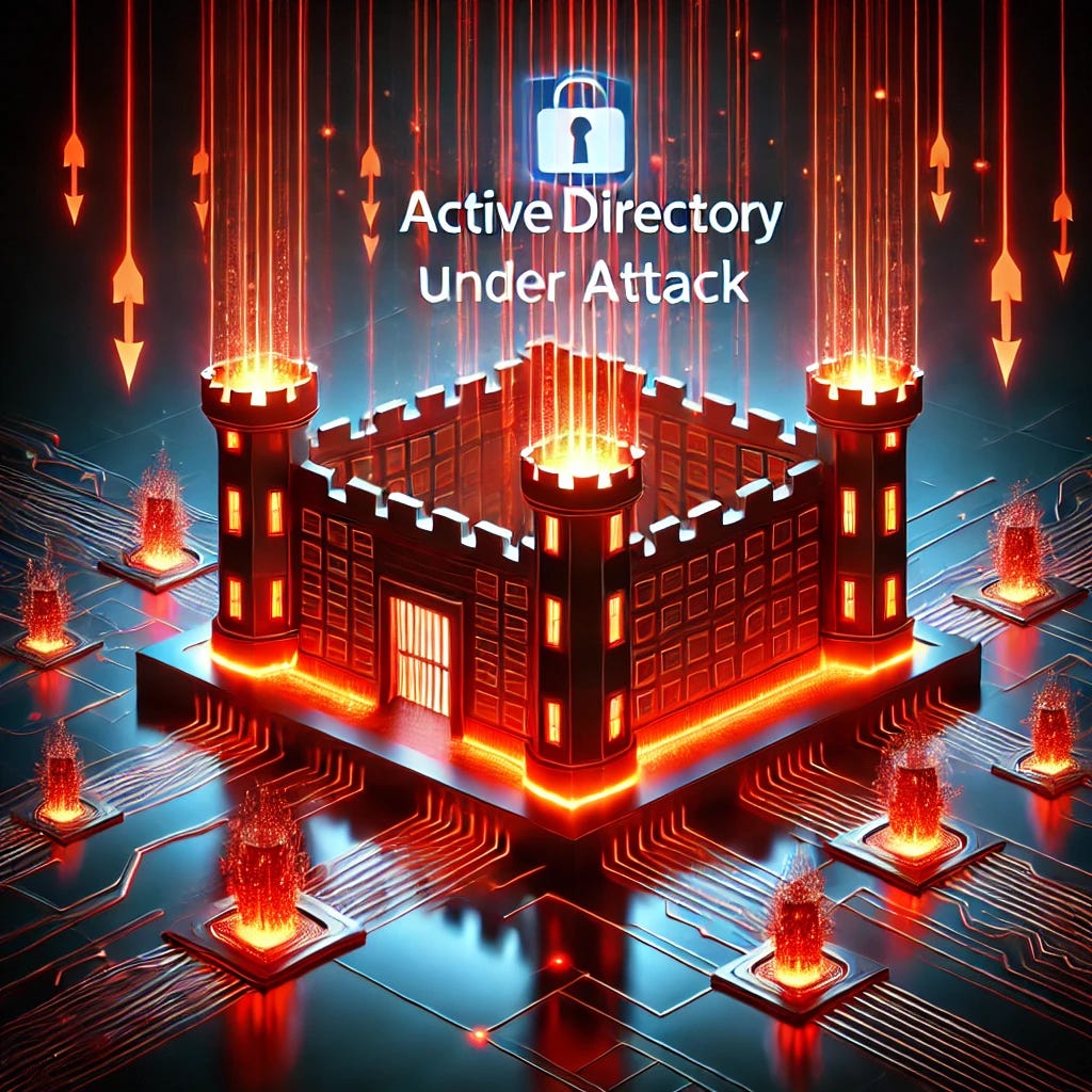 A graphical depiction of a digital fortress representing Active Directory under attack, with glowing red lines symbolizing cyber threats trying to penetrate it. The fortress should have a strong, secure appearance, while the attacking threats should appear menacing and chaotic.