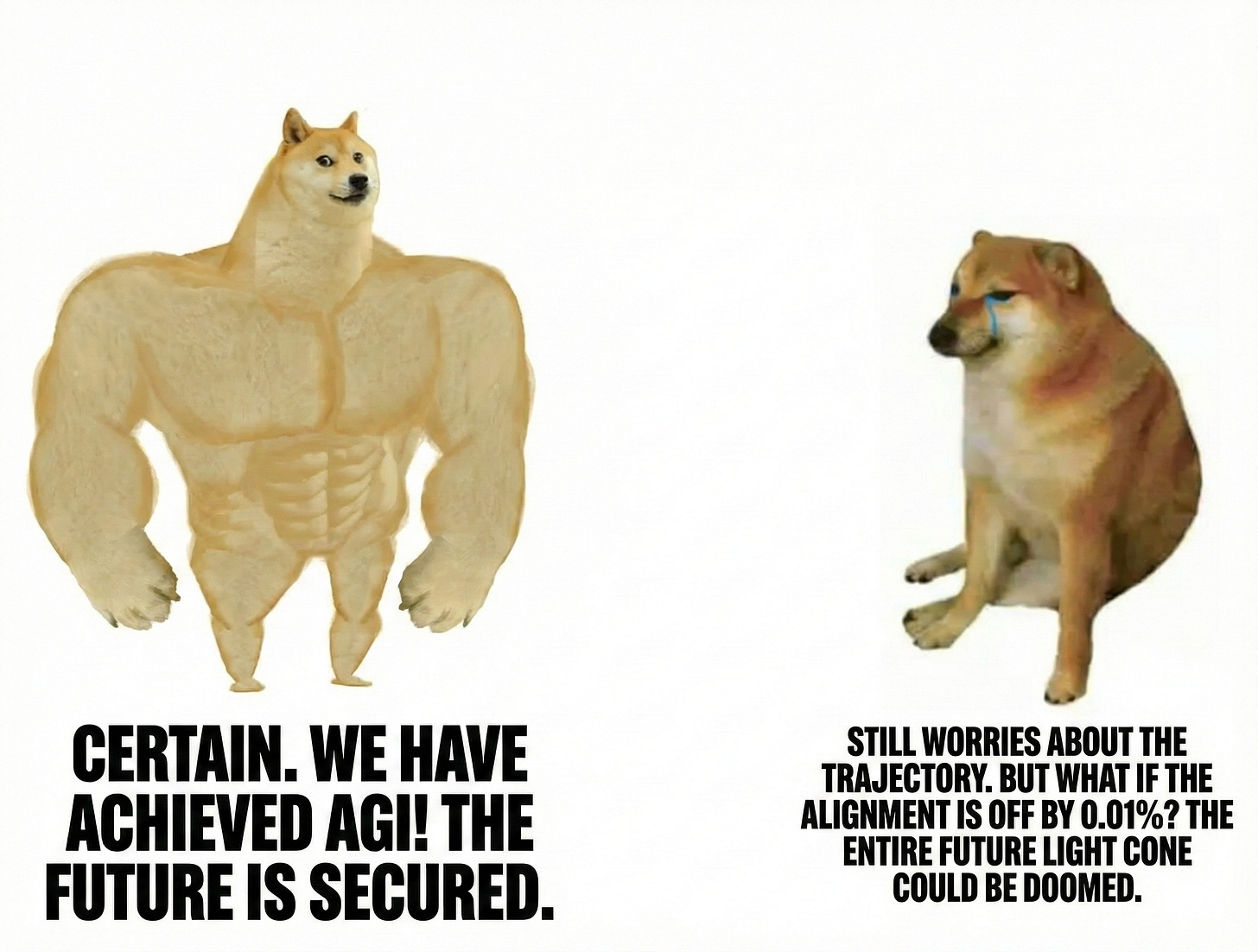 Doge meme showing one strong dog celebrating AGI while another worried dog questions the safety trajectory.