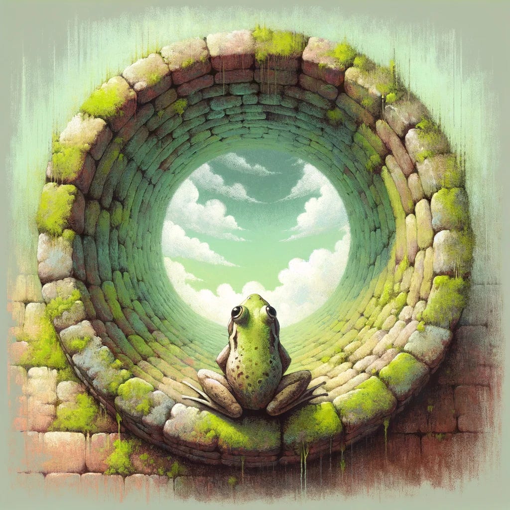 A whimsical and abstract depiction of a frog at the bottom of an old, moss-covered well. The well's inner walls are shaded in dry earth greens and tea leaf tones, with occasional pastel browns. From the frog's perspective, the sky above is represented in a circular patch of blurred, surreal light, hinting at freedom and the unknown world outside. The style combines elements of cubism and impressionism with subtle anime influences and graffiti art textures. The image exudes a sense of longing and mystery, with a poetic and slightly ironic undertone.